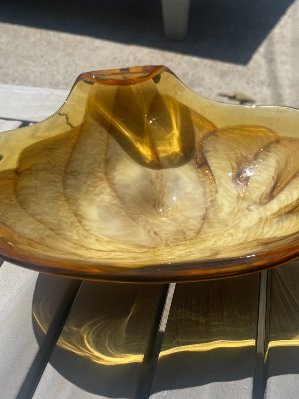 Murano Gold Glitter Glass Blown Trinket Dish Candy Bowl Wave style 9" x 7"